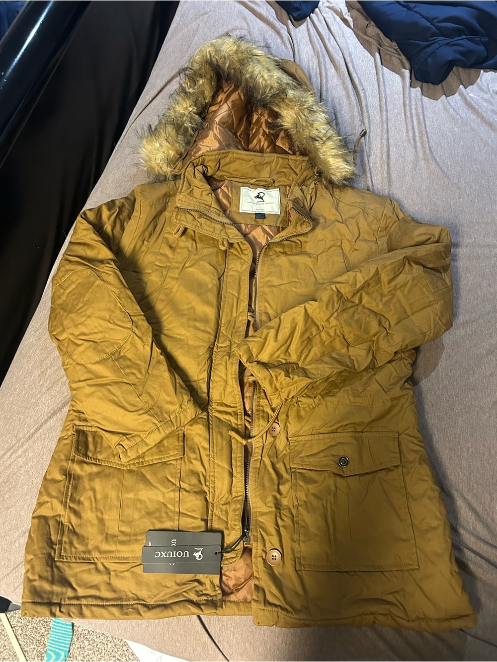 Luxe Women's Mustard Hooded Puffer Coat with Faux Fur Trim